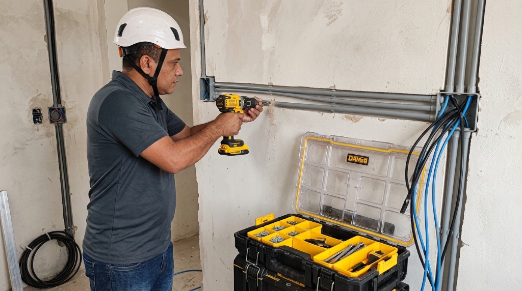 Técnico instalando eletrodutos e passando cabos em obra