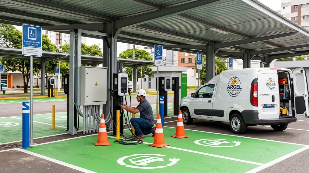 Técnico instalando eletroposto público com múltiplos pontos de recarga