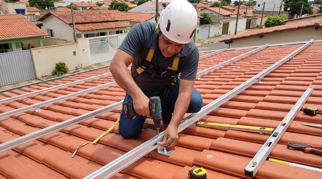 Técnico montando estrutura de fixação de painéis solares em telhado