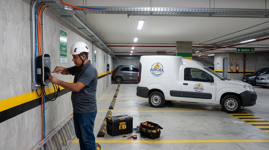 Técnico instalando carregador de veículo elétrico em estacionamento coberto