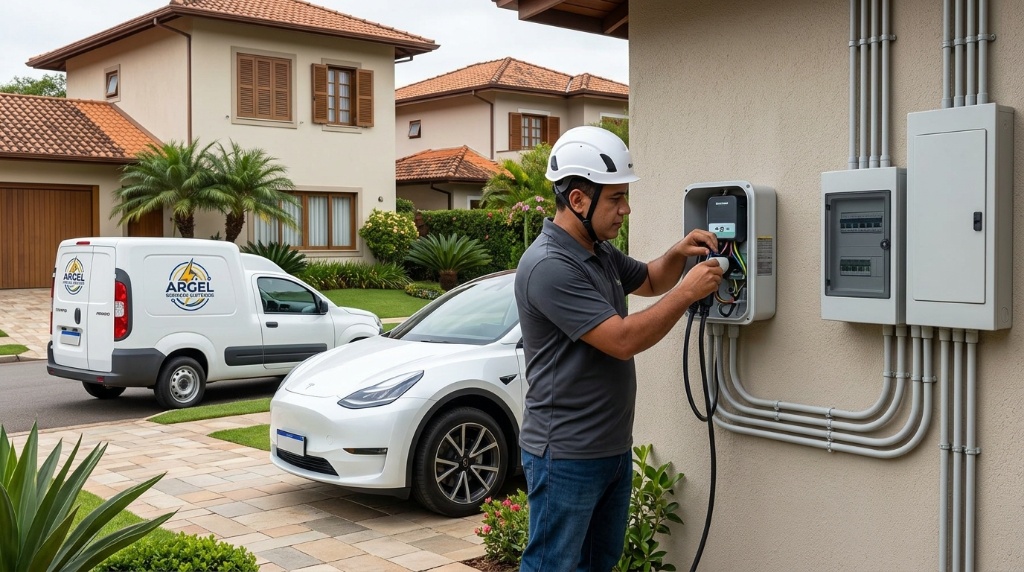 Técnico Argel instalando carregador de veículo elétrico em residência de alto padrão