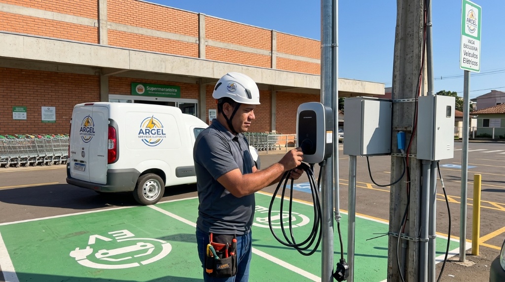 Técnico Argel instalando carregador de veículo elétrico em supermercado