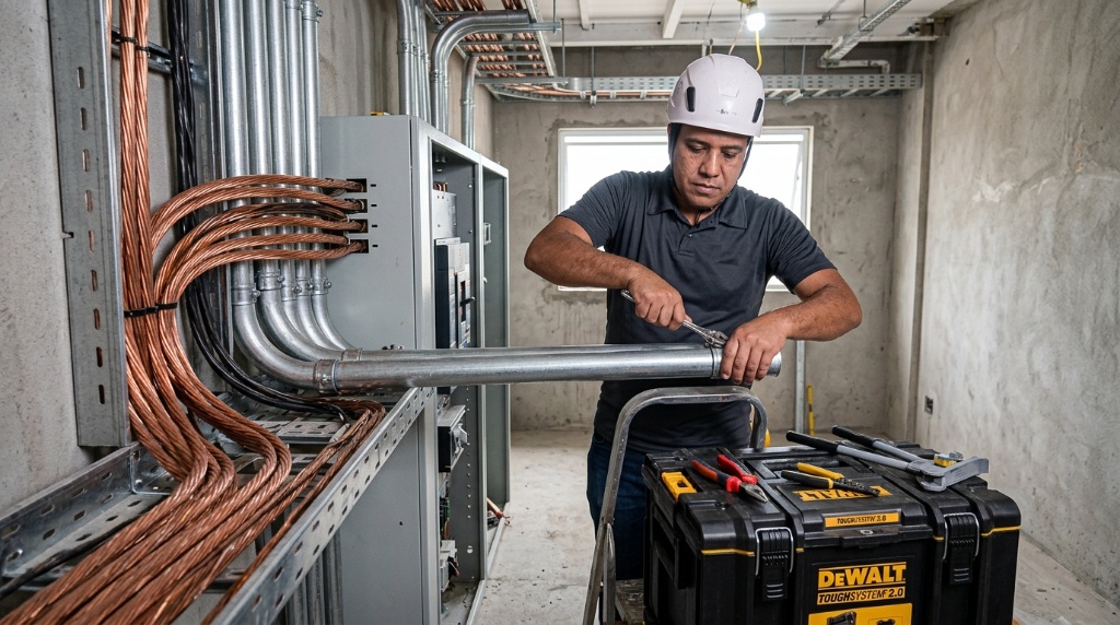 Técnico instalando infraestrutura elétrica industrial com calha e cabos