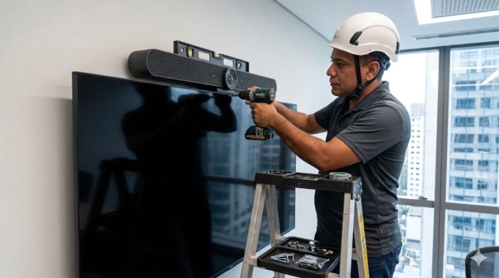 Técnico instalando TV e câmera de videoconferência em escritório corporativo
