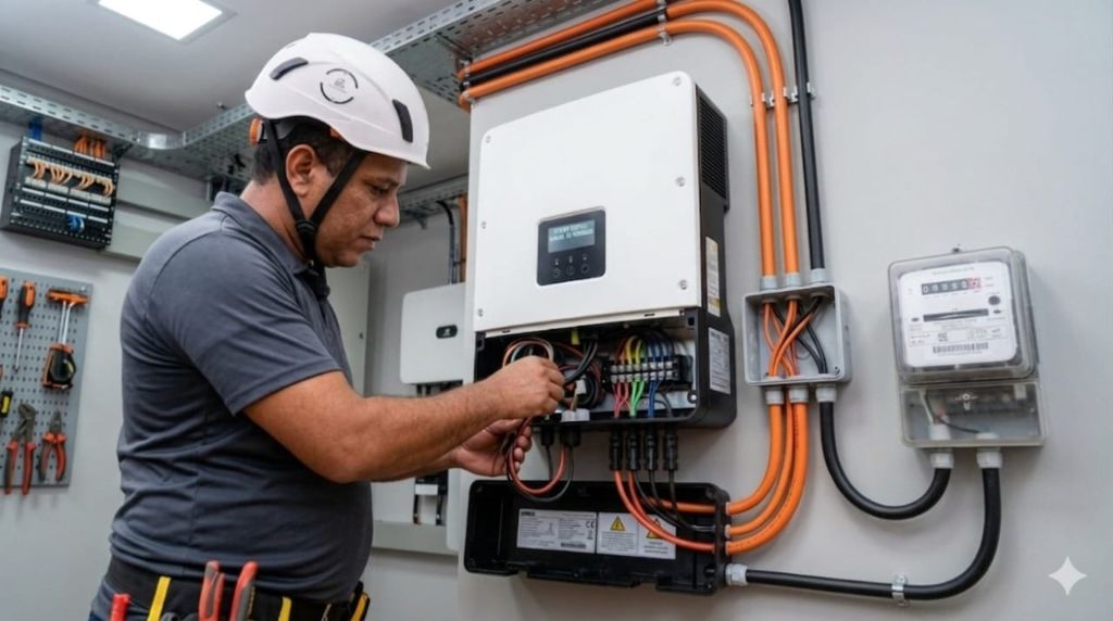 Técnico da Argel instalando inversor de energia solar fotovoltaica