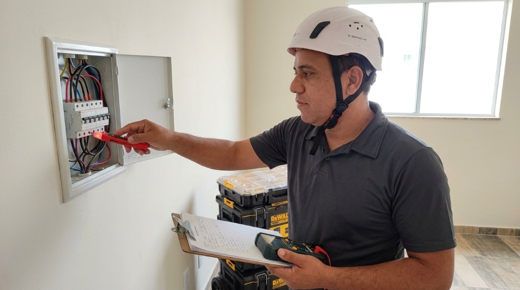 Técnico realizando manutenção em quadro elétrico residencial