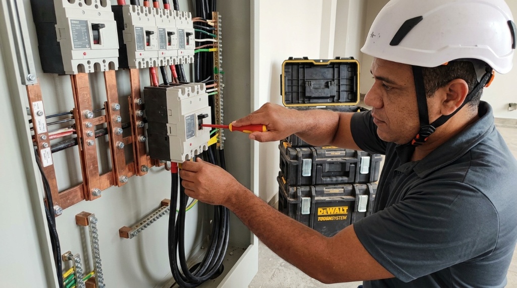 Técnico montando painel de comando elétrico industrial