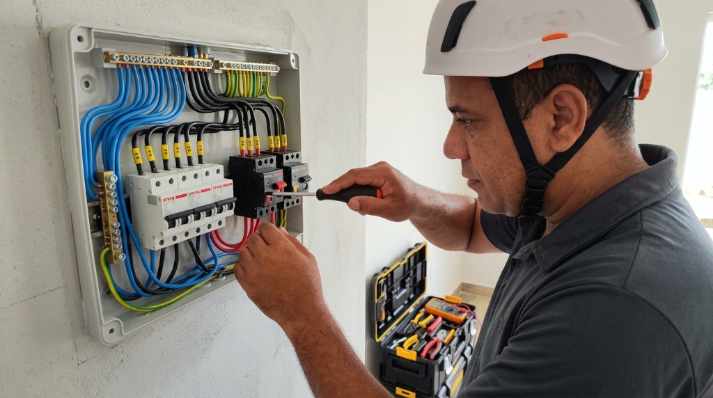 Técnico instalando painel elétrico residencial com disjuntores