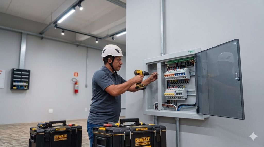Técnico instalando painel elétrico Schneider em obra