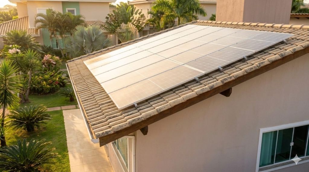 Painel solar fotovoltaico instalado em telhado residencial