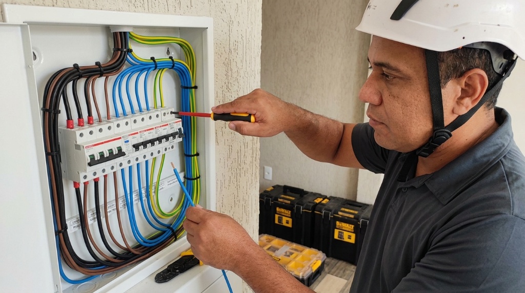 Técnico instalando quadro de distribuição elétrica com fiação colorida