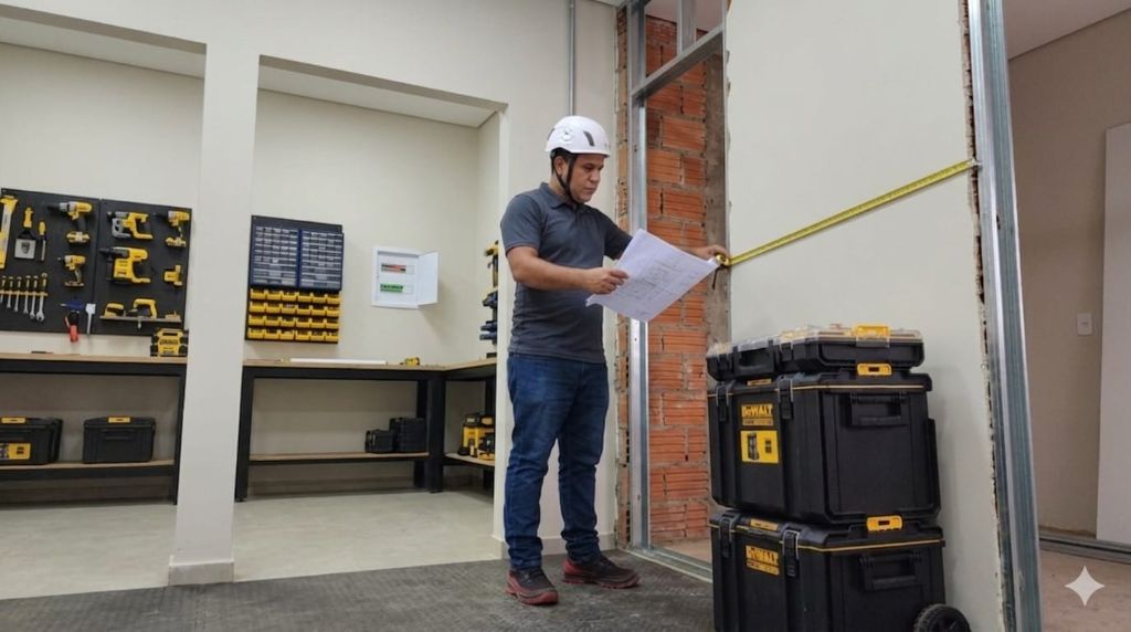 Técnico medindo e conferindo projeto elétrico em obra