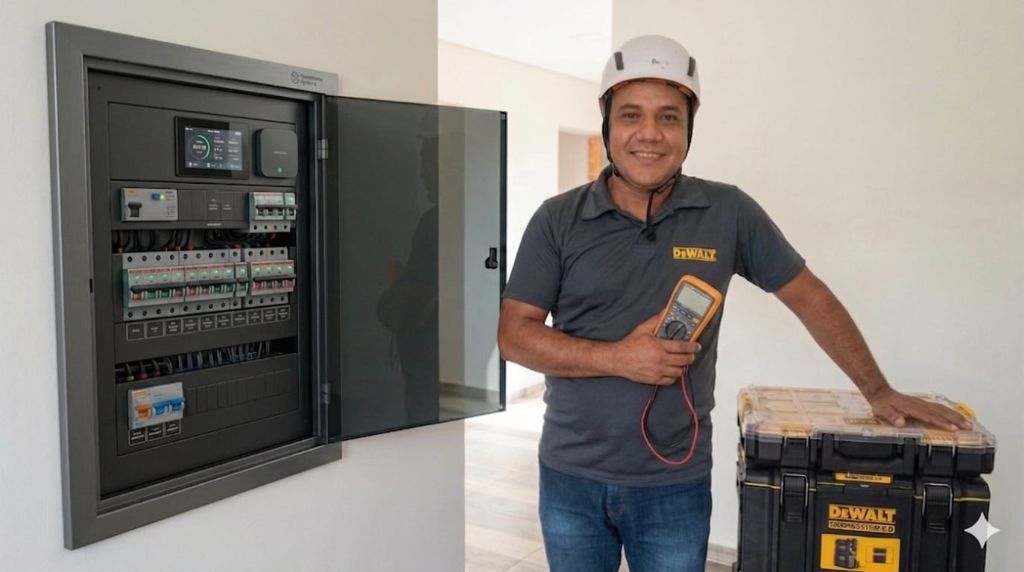 Engenheiro eletricista da Argel Serviços Elétricos ao lado de painel elétrico em Curitiba