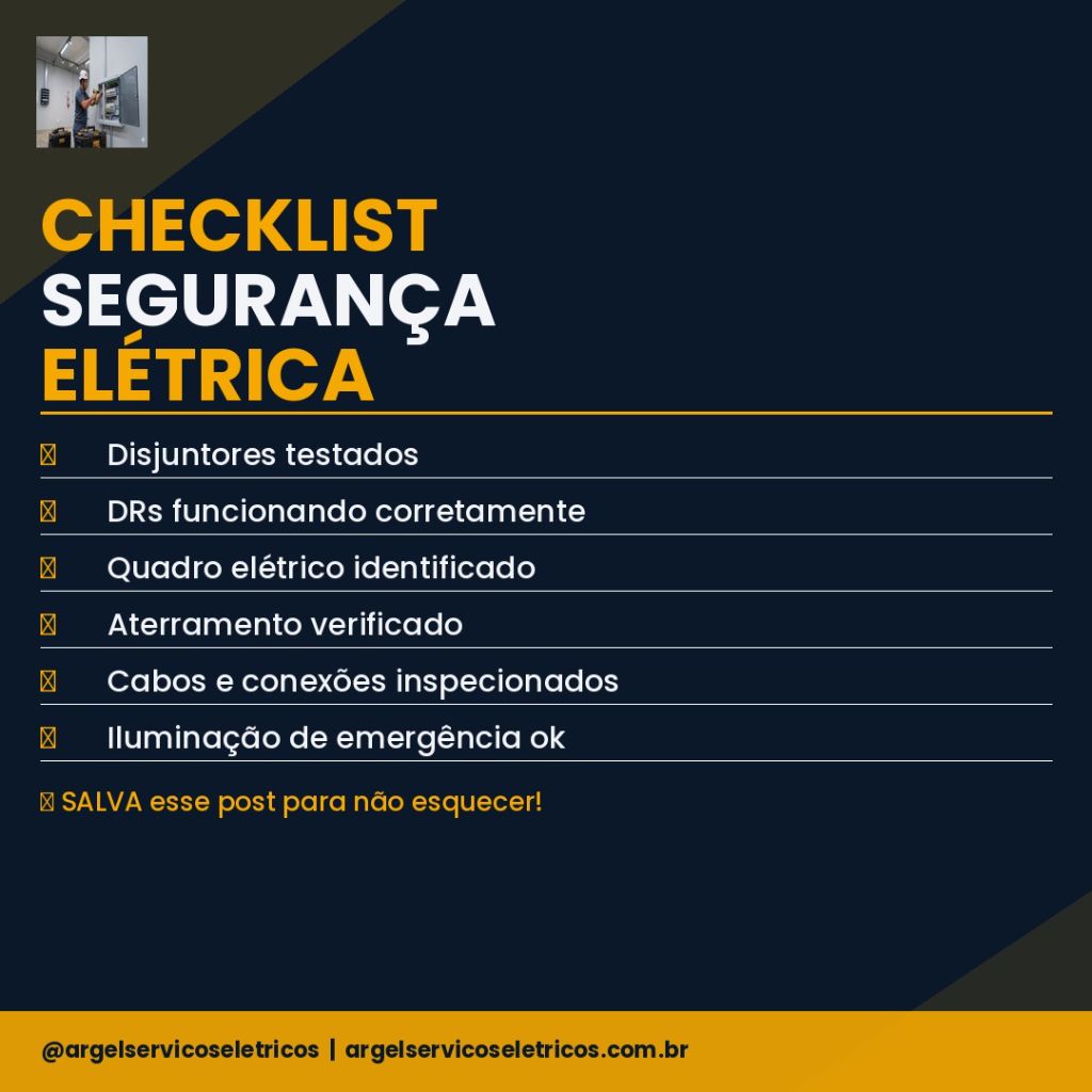 Checklist de segurança elétrica com disjuntores, DRs e aterramento